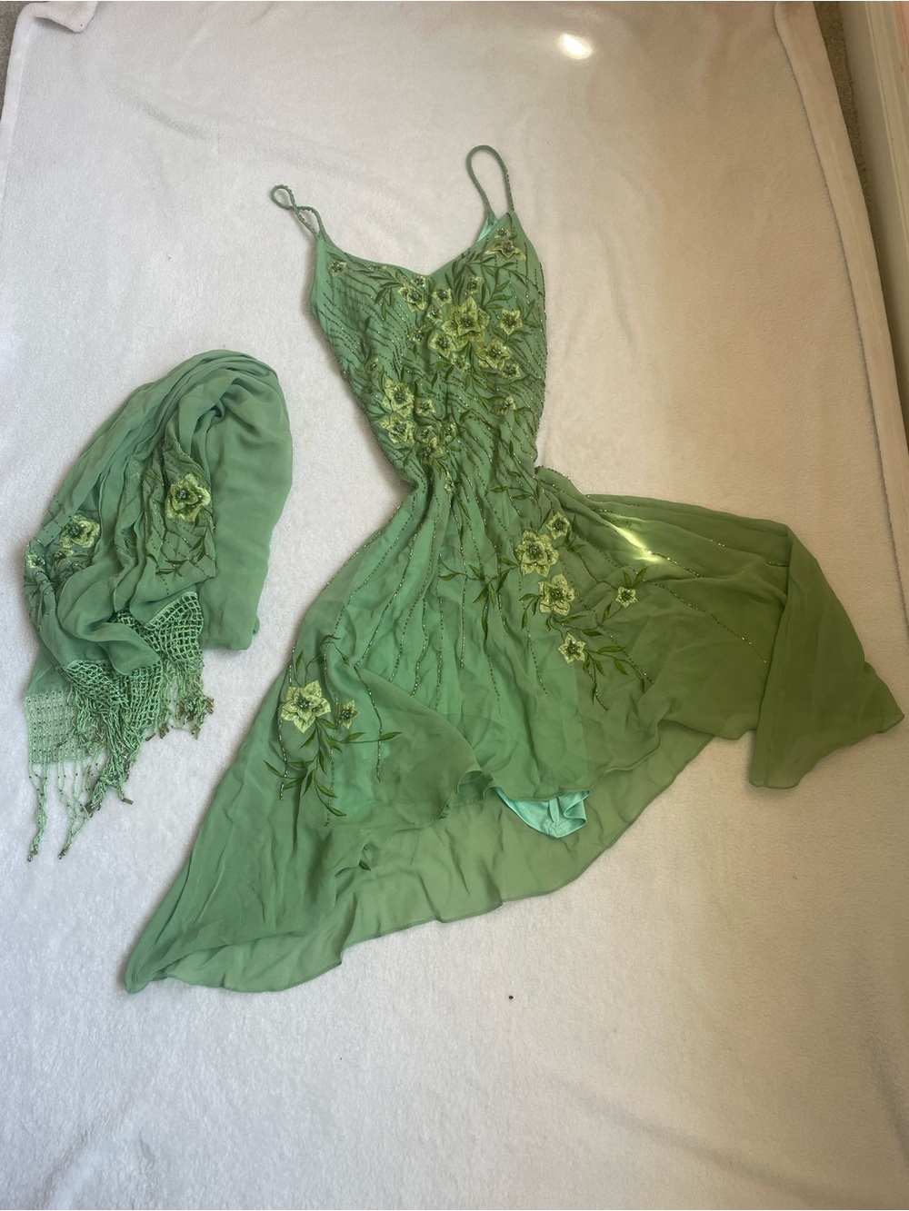 Rare VTG 100% Silk Sue Wong Fairy floral beaded Lime Green Dress w/ Silk Scarf - Picture 8 of 16